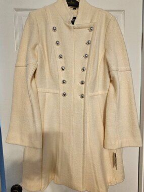 Guess Double Breasted Wool Blend Coat with Pockets Silver tone buttons